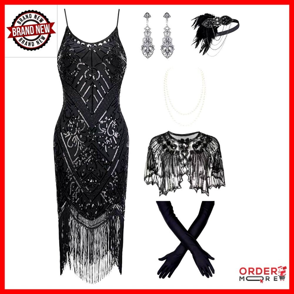 Plus Size Sequin Fringe Flapper Cocktail Dress with Cape Accessories